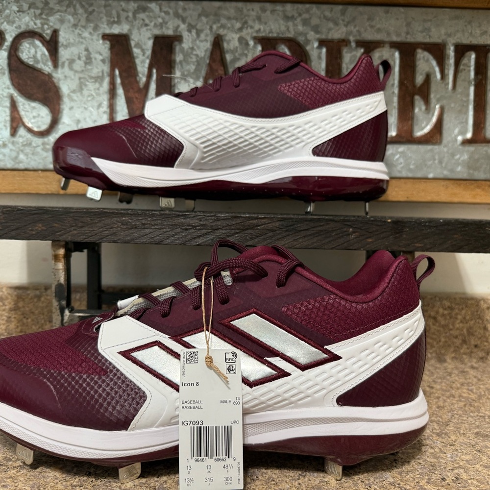 Adidas icon 8 boost metal Maroon and White Baseball Cleats